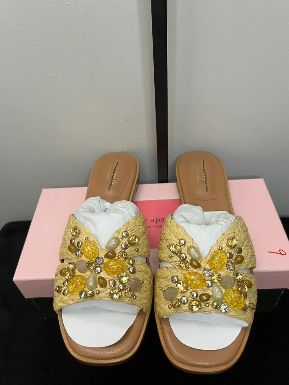 Kate Spade Dock Crystal Raffia Jeweled Slide Sandals Natural 7B New Box
